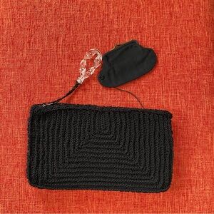 VTG 40’s Black Crochet Clutch Bag Coin Purse Lucite Clear Zipper Pull Charm